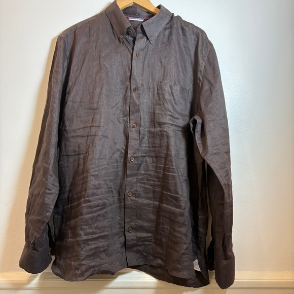 Onslöe 100% Linen Button Down Shirt Brown XL Classic Fit Long Sleeve Preppy - Picture 2 of 16